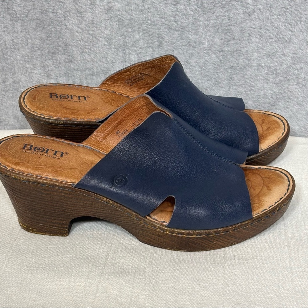 Born Crato High Heel Platform Slide Sandals-Blue Leather-Women Size 9
